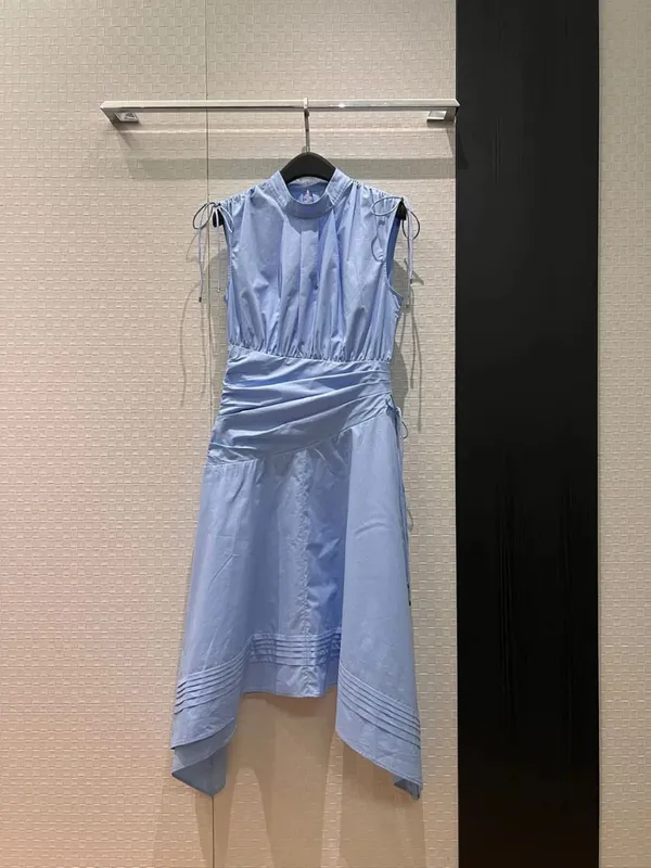 New 2026 spring summer women drawstrings stand collar cotton dresses sleeveless folds irregular dress — image 2