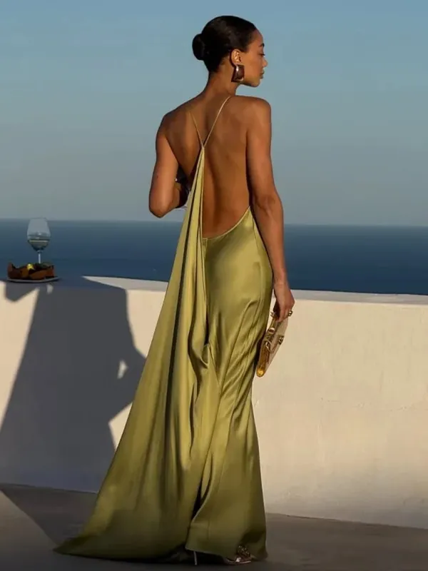 Solid Thin Spaghetti Strap Cowl Neck Slip Long Dress Women Sleeveless High Slit Slim Fitted Evening Gowns Elegant Party Outfit — image 8