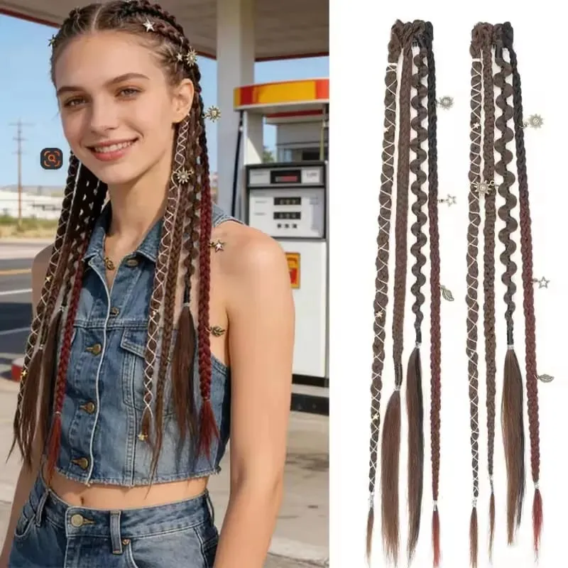LM Bohemian Style Fried Dough Twists Braid Hairpiece Female Wig Braid BB Clip Style Boxing Braid for Women Festival Rave Styling