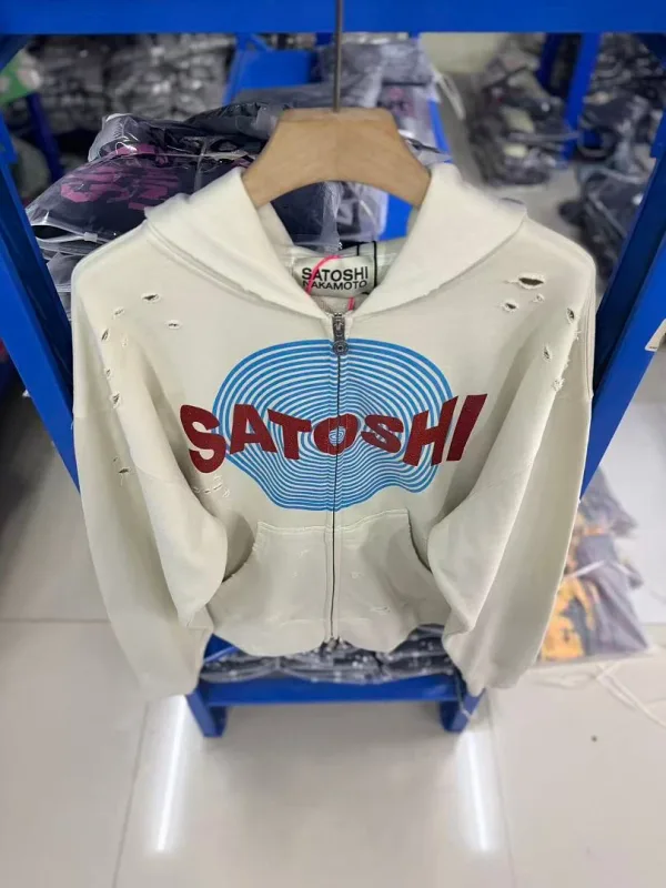 New Arrival Satoshi Zip Hoodie Destroyed Hole Design Loose Cotton Casual Outdoor Jacket Tops — image 17