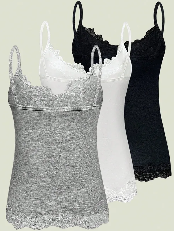 3 Pack Multi-color Women Lace Trim V Neck Spaghetti Strap Slim Fit Long Cami Top 2026 Summer Basic Casual Solid Color Sleeveless