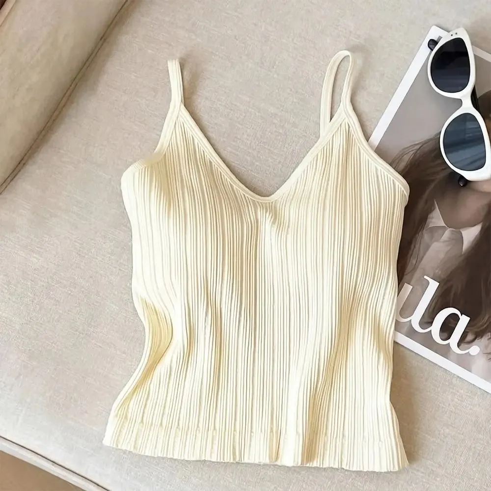 New V-neck Camisole Top Inside Wear One-piece Cup Halter Undershirt Sleeveless French Style Lingerie Summer