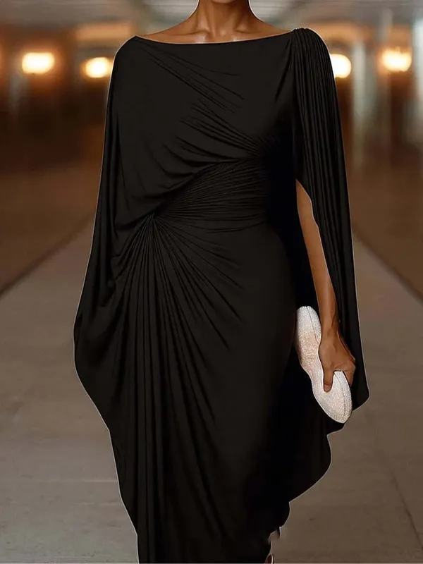 Sexy Slash Collar Pleat Slim Evening Dress Elegant High Waist Solid Color Banquet Dress Lady Leisure Irregular Long Sleeve Dress
