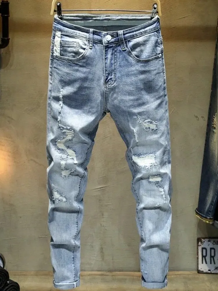 Spring and Autumn New Fashion Trend Solid Color Perforated Straight Leg Elastic Jeans Men's Casual Sports High-Quality Jeans — image 2