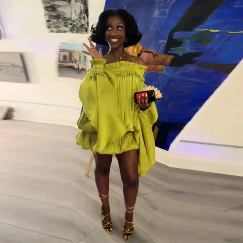 Chic Lime Green Off Shoulder Mini Dress Oversized Flare Sleeve Shiny Smocked Waist Bubble Hem Skirt Sexy Party Date Wear New
