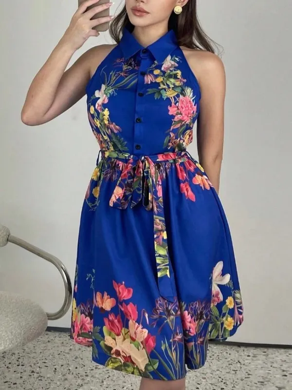 A Line Vestidos Y2k Street Wear Halter Print Floral Elegant Splice Party Night Work High Waist Short Dress Women Dresses — image 6