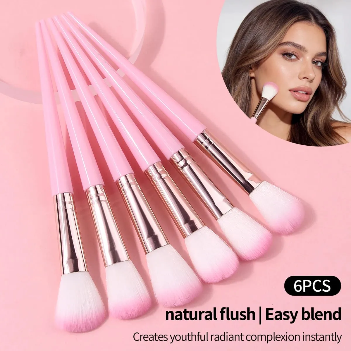 6Pc Daily Use Makeup Brushes Soft Pink Hair Blush Powder Brushes Airy Flawless Finish Professional Face Cosmetic Tool Kit