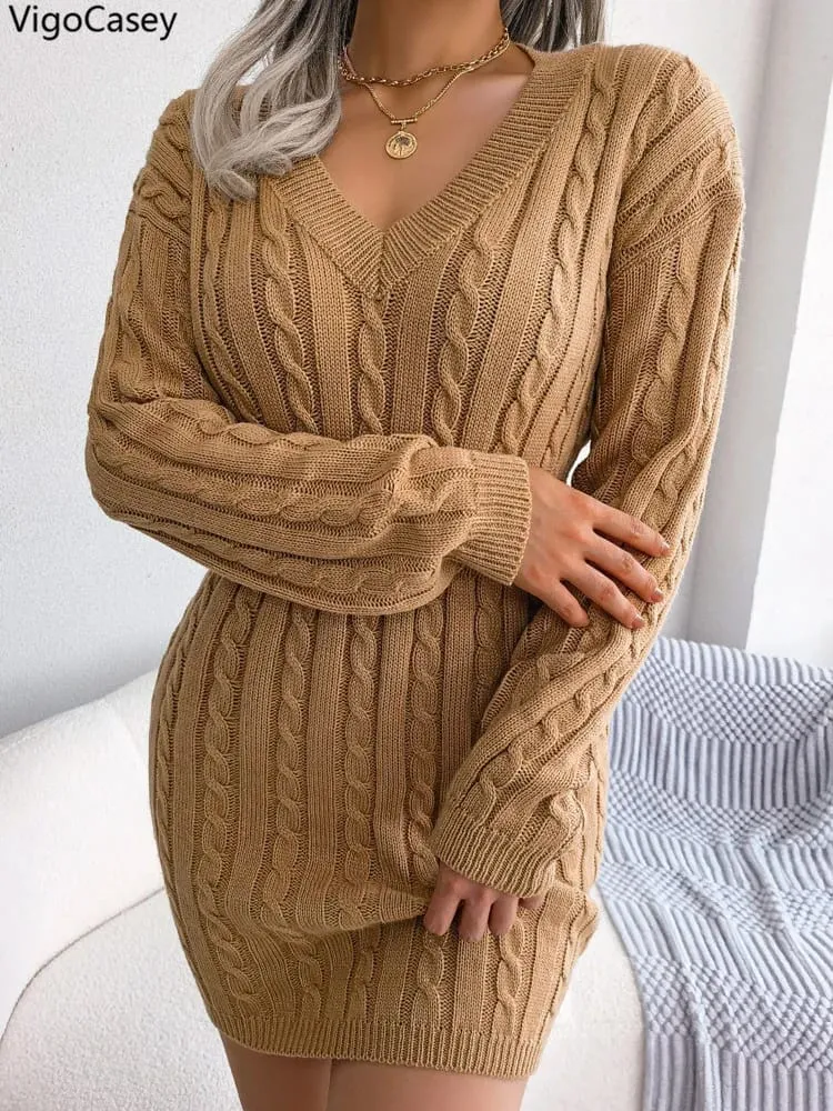 VigoCasey 2026 V Neck Casual Short Knit Dress Autumn Winter Women Solid Long Sleeve Dress Lady Khaki Bodycon Knitted Dresses