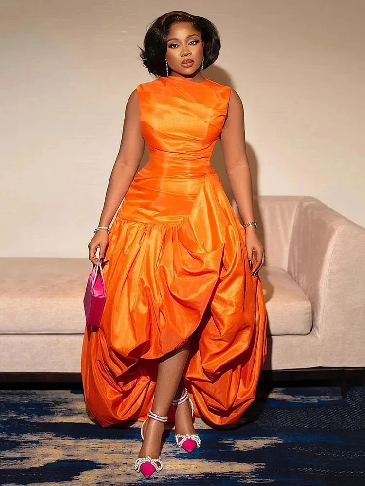 Women's Elegant Cinch Waist Maxi Cocktail Dress Orange Crew Neck Sleeveless Slim Fit Chic Dinner Club Party Evening Long Dresses