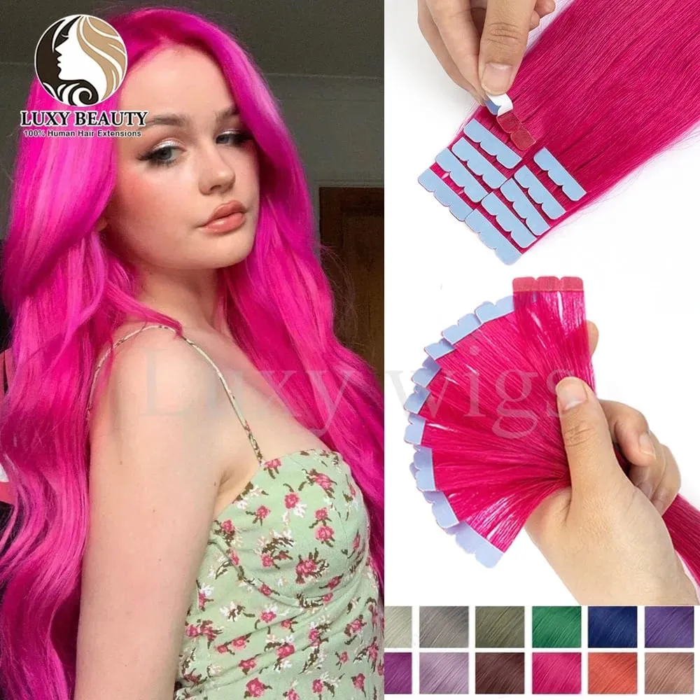 Colored Pink Mini Tape in Human Hair Extensions Invisible Seamless Tape in Hair 10pcs Pink Red Green Purple Blue Mini Tape Hair — image 2