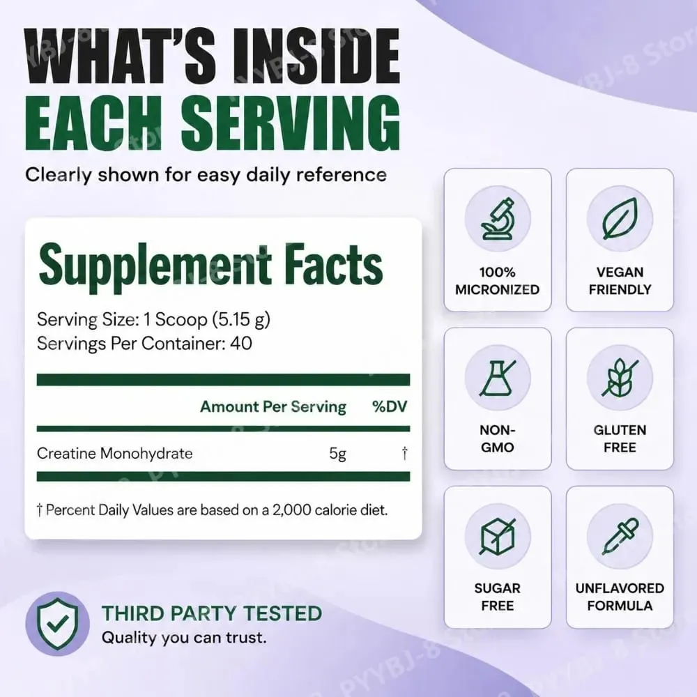 Creatine Monohydrate Powder 100% Micronized Improves Strength Supports Muscle Recovery and Cognitive Function 206g 40 Servings