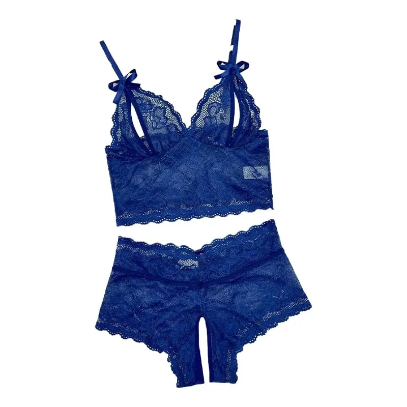Sensual Lingerie Transparent Lace Bra Kits Crotchless Female Underwear Set Dark Blue Hollow Exotic Sets Tempation Intimate Goods