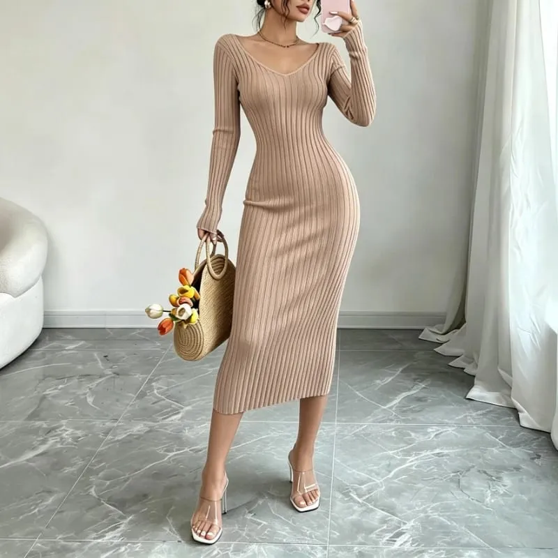 Women Solid Color V‑Neck Ribbed Knit Maxi Sweater Dress Elastic Long Sleeve Bodycon Dress Ladies Casual Party Fashion Dresses