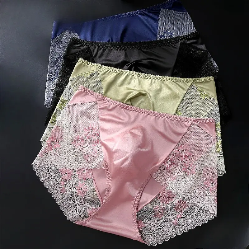Satin Ice Silk Briefs Mens Lace 3D U Pouch Underwear Sexy Floral Man Panties Breathable Low Waist Shorts Convex Pouch Underpants