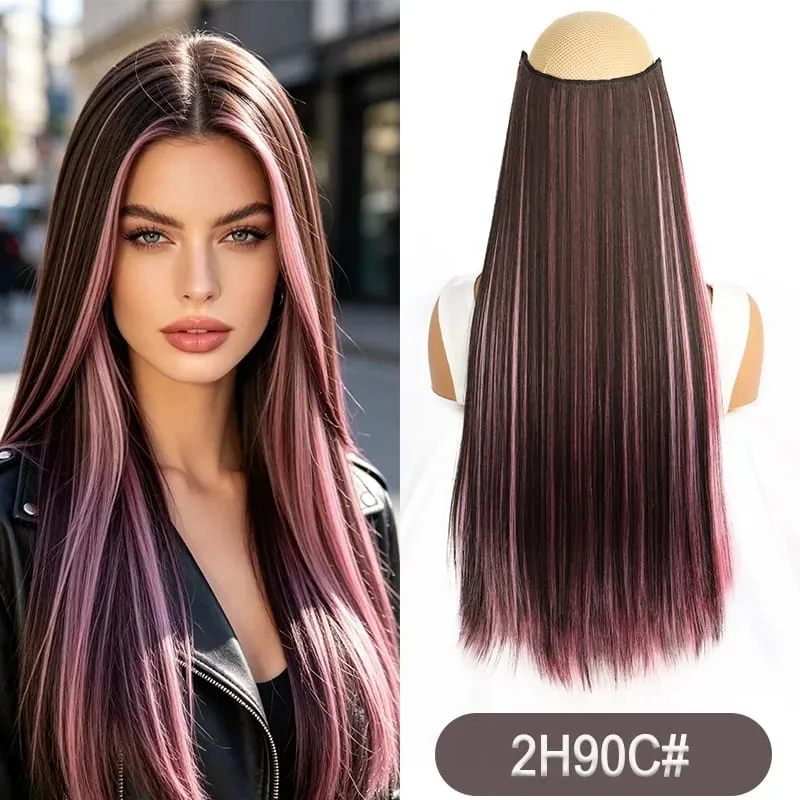 Synthetic 24Inch Long Straight One Piece Rainbow Highlight Clip In Hair Extensions for Women Daily Use Easy Wear