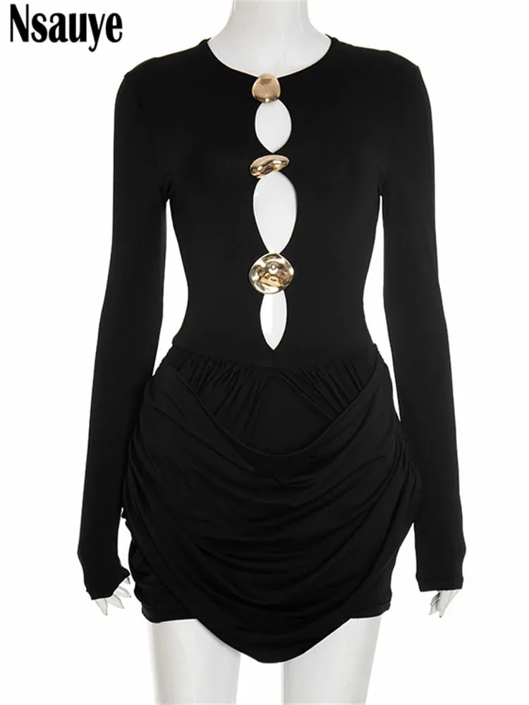Nsauye Autumn Winter Women 2025 Sexy Night Club Mini Wrap Hollow Out Party Dress Fashion Elegant Evening Short Dress Long Sleeve