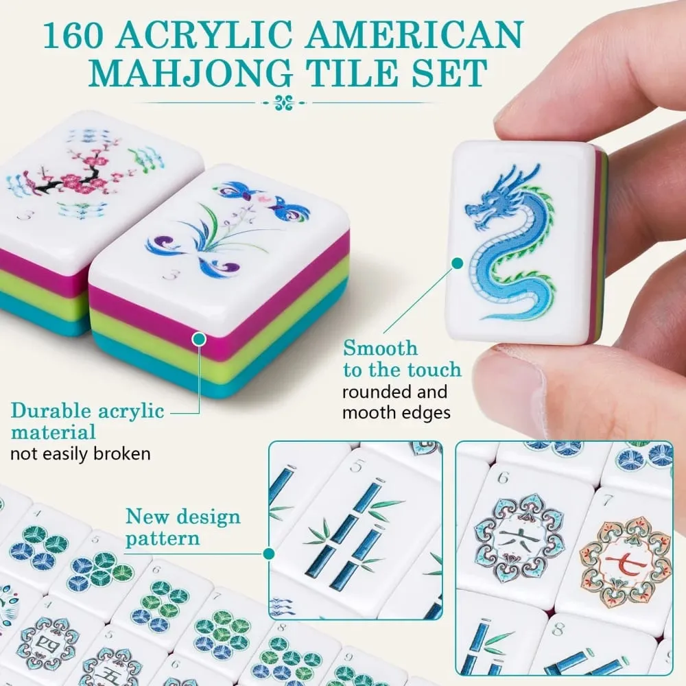 US Stock Lake Blue Luxury Engraved American Mahjong Set 4-Layer Acrylic Mahjong Tiles Travel Mah Jongg Sets for Home Board Games