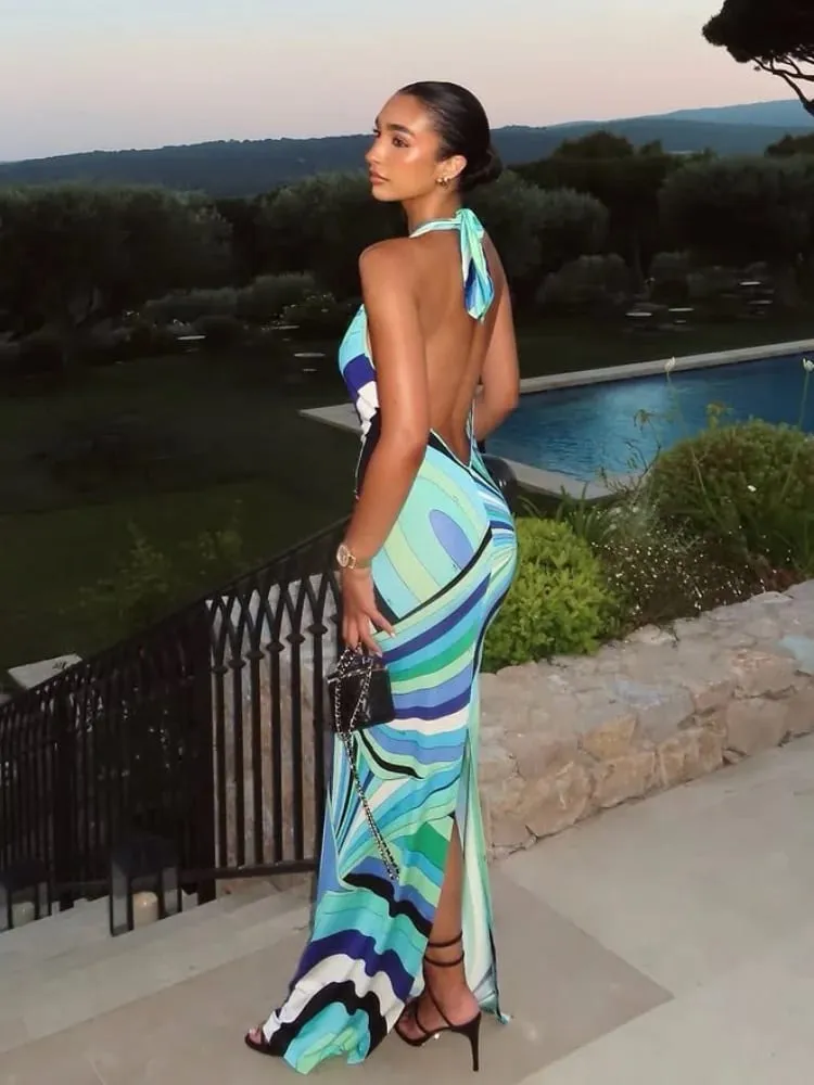 Robe longue imprimée à la mode pour femmes, élégante, sans manches, dos nu, Slim, moulante, Maxi, Chic, Robes de plage, de fête, d'été — image 3