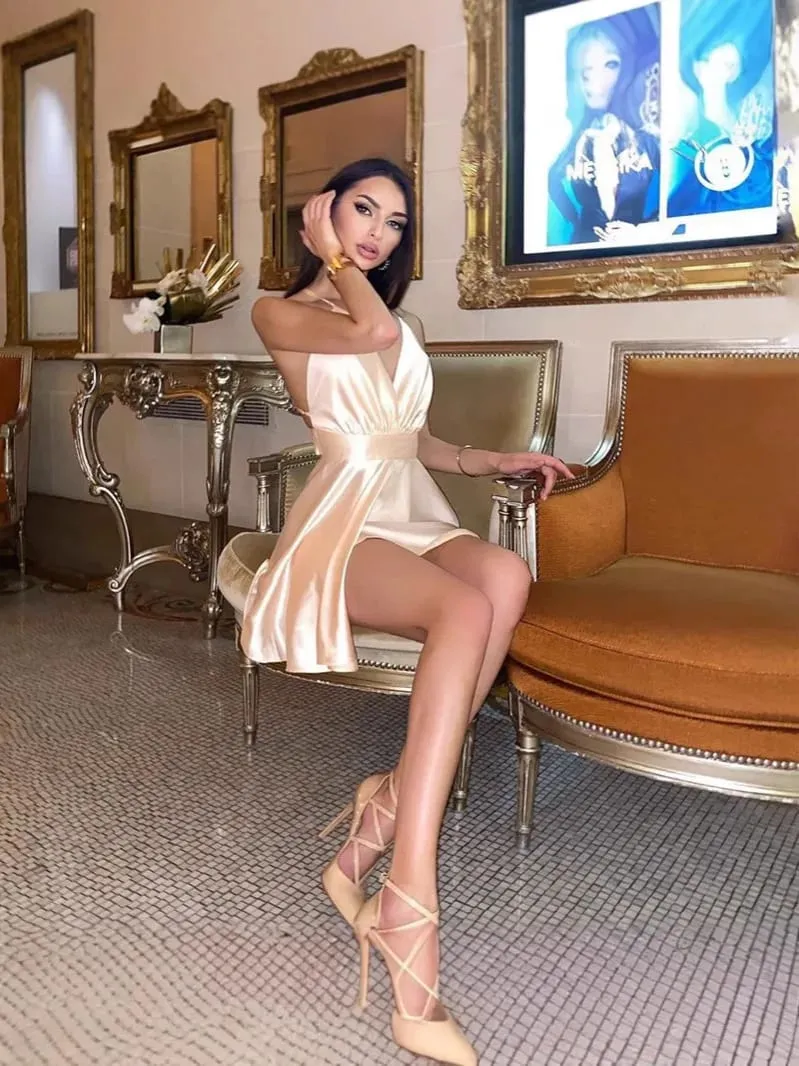 Summer Sexy 2000s European and American Solid Color V-neck Bow High Street Vintage style emo Strap Dress Strap A-line short Dres