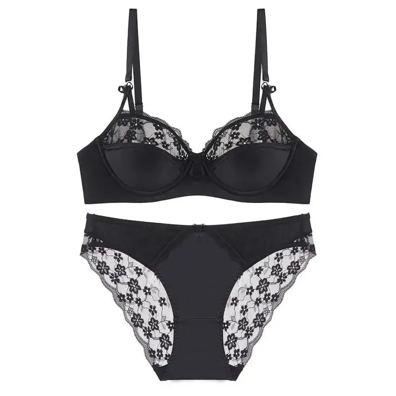 Women Thin French Half Cup Lace Bra Set Minimizer for Big Bust Push Up Anti-Sagging Side Support Comfort Sexy Daily Lingerie Set