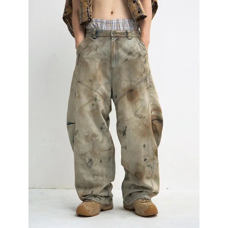 Male Winter American Style Vintage Dirty Men's Jeans 2026 Spring New High Street Design Loose Wide Leg Floor Length Denim Pants — image 6