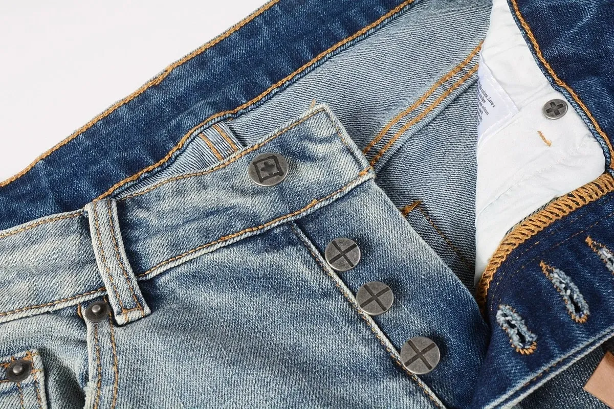 Men's High Street Light Blue Washed Distressed Denim Jeans With Embroidered Letter Motif Button Fly Suitable For All‑Season Wear — image 2