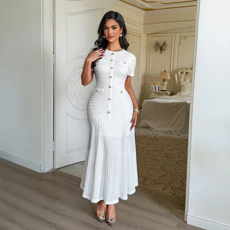 Women's Solid Color Midi Dress Short Sleeve Gold Button Decorated Fitted Flared Hem Gown Elegant Retro Outfit Dating & Parties — image 11