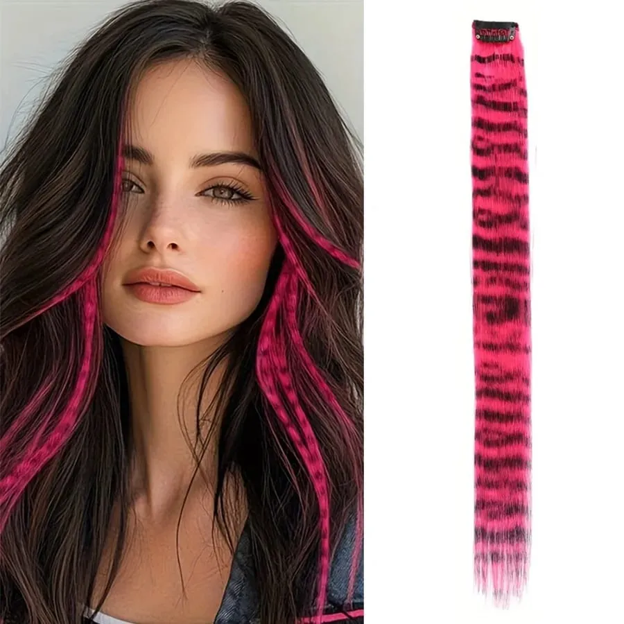 Stripe Printed Clip in Hair Extensions Colorful Synthetic Hair Highlights 18 Inches Straight Wig Hairpieces for Daily Use Party