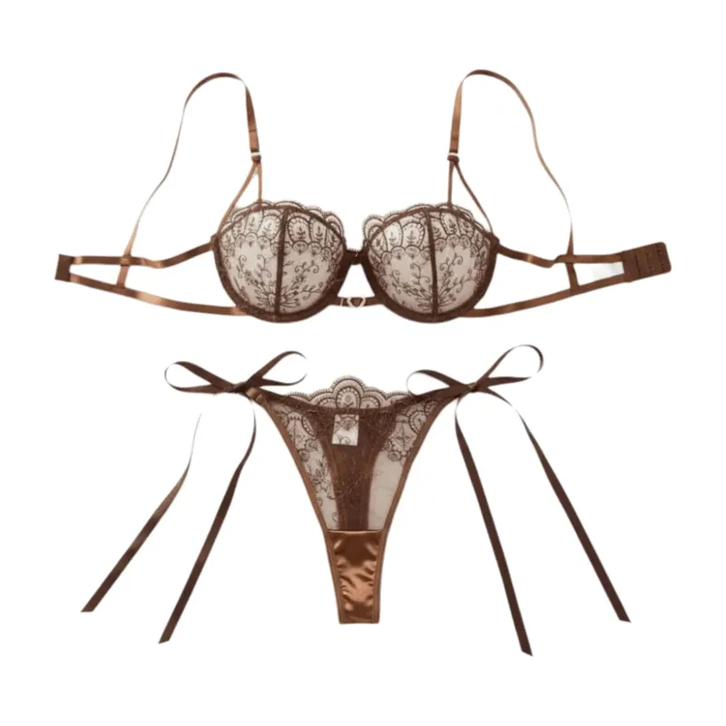Elegant Floral Embroidery Lace Lingerie Set Lace-up Hollowed-out Thong Bra Suit Mesh Transparent Ultra-thin Underwear Sets Lady