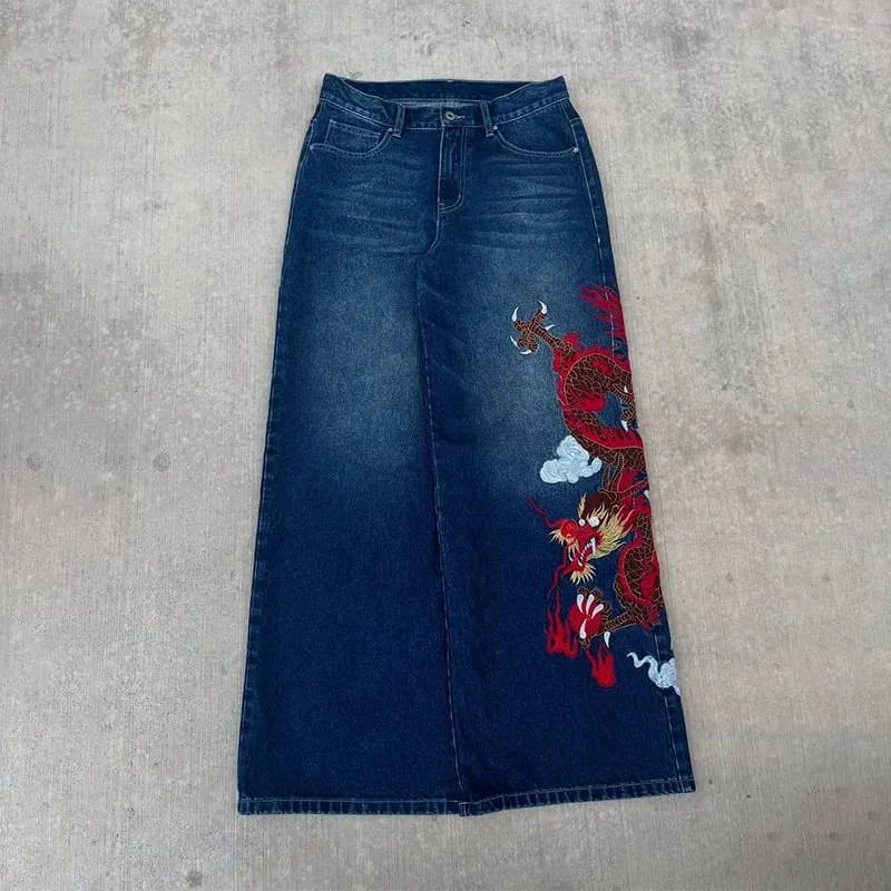 Y2K Baggy Jeans Dragon Graffiti Embroidery High Waist Men Women Vintage Streetwear 2000s Harajuku Casual Loose Wide Leg Jeans