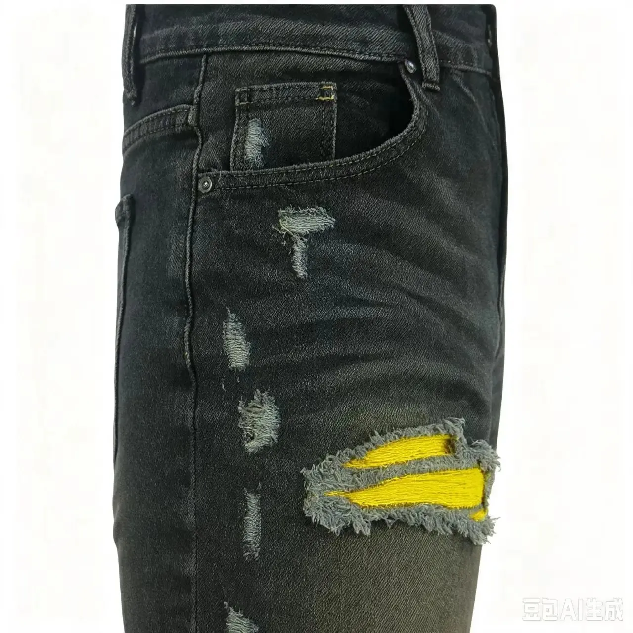 Men's Dark Blue Retro Slim Fit Jeans Street Fashion Tapered Pants with Perforated Patch Ripple Splicing Elastic Brand Y2 — image 4