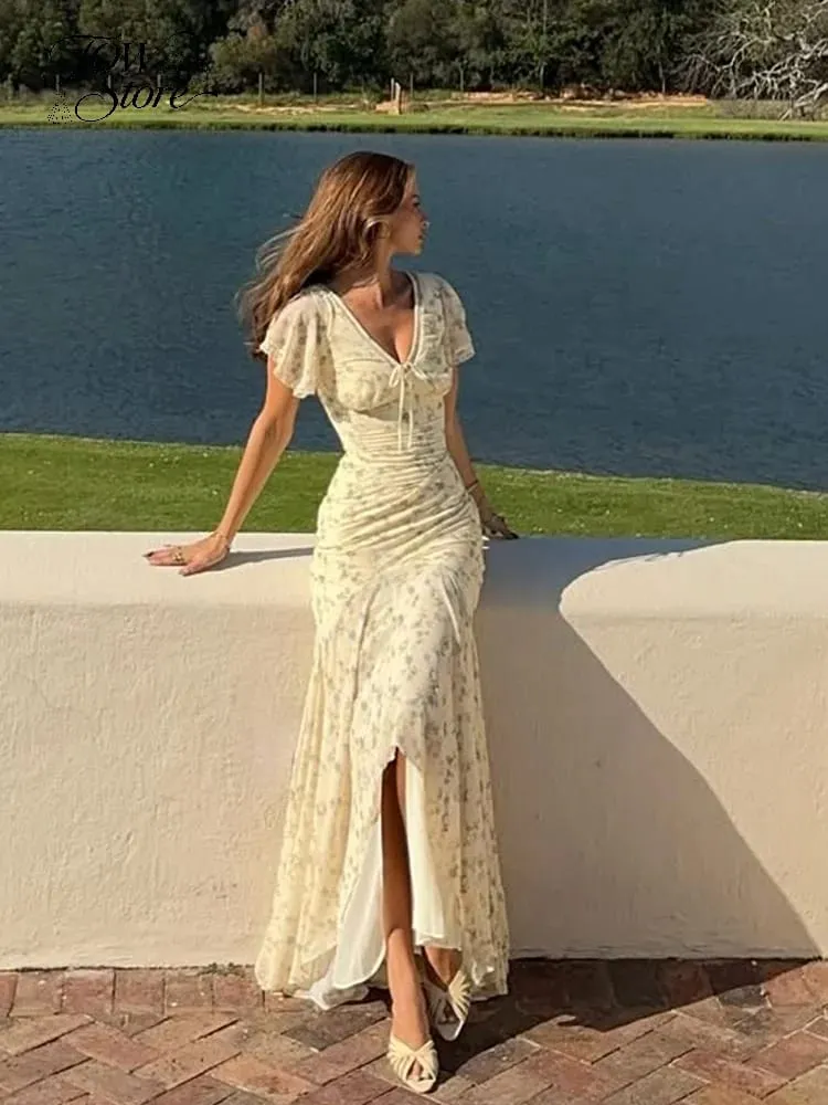Y2k Floral Print Women's Long Dress Elegant Ruffle V-neck Cap Sleeve Summer Dresses 2026 Female Casual Vacation Party Outfit