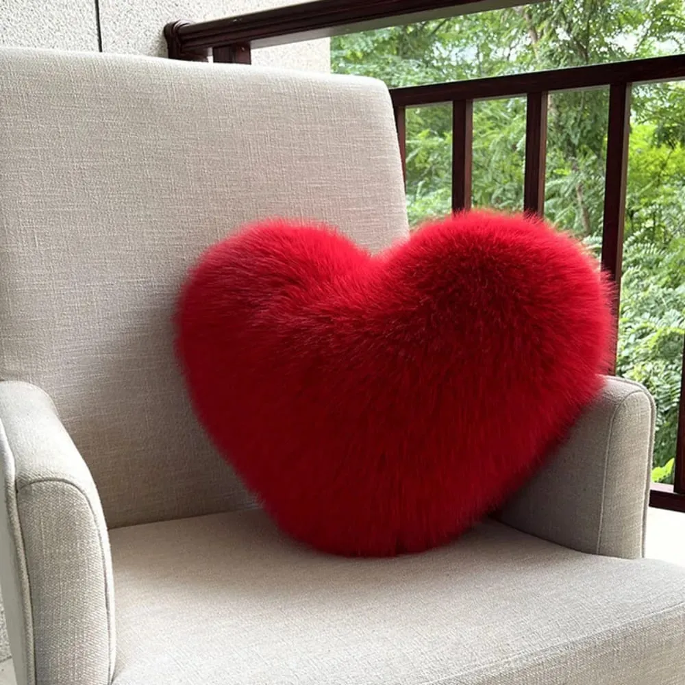 New Fur Heart Pillow Pink Color PP Cotton Heart Plush Pillow Fluffy Love Heart Shaped Stuffed Pillow for Birthday