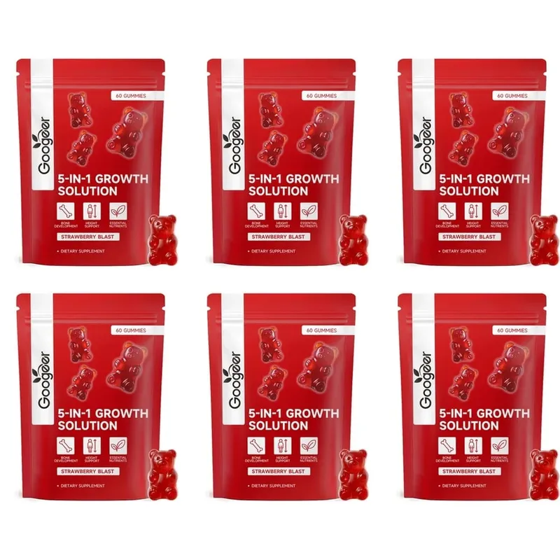 Googeer 5-IN-1 Growth Solution Gummies for Bone Development & Height Support Vitamin D3 K2 Calcium Strawberry Blast 60 Gummies