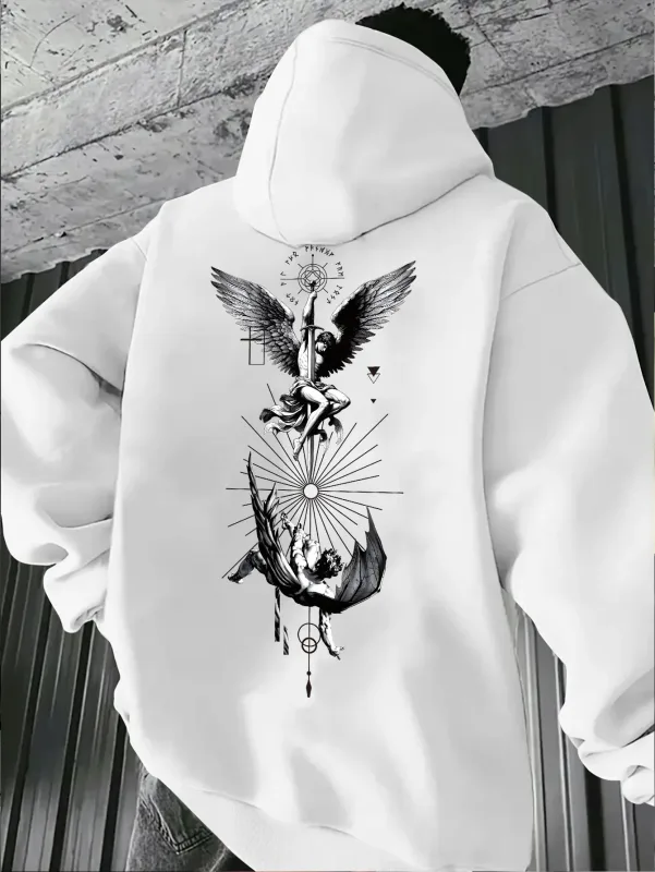 Men's Gothic Angel & Tarot Print Hooded Sweatshirt - Longr Machine /Fall Layering (Tarot Card Design Regular Fit) - Ideal for Themed Events & Casual Attire Featuring Angel & Tarot Motifs Comfortable Knit Fabric and Versatile Streetwear Styl