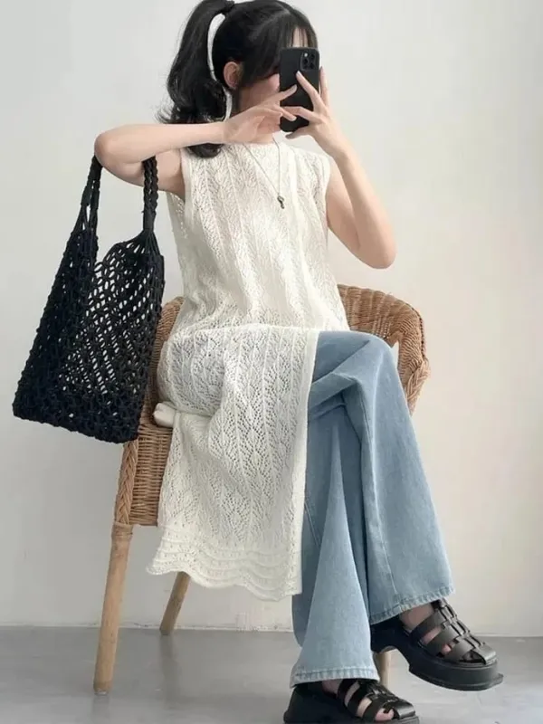 Zjaiss Women's 2026 Early Spring Japanese Retro Sweet Sweater Dresses Hollow Out Knit Irregular Long Sleeveless Vest Dress