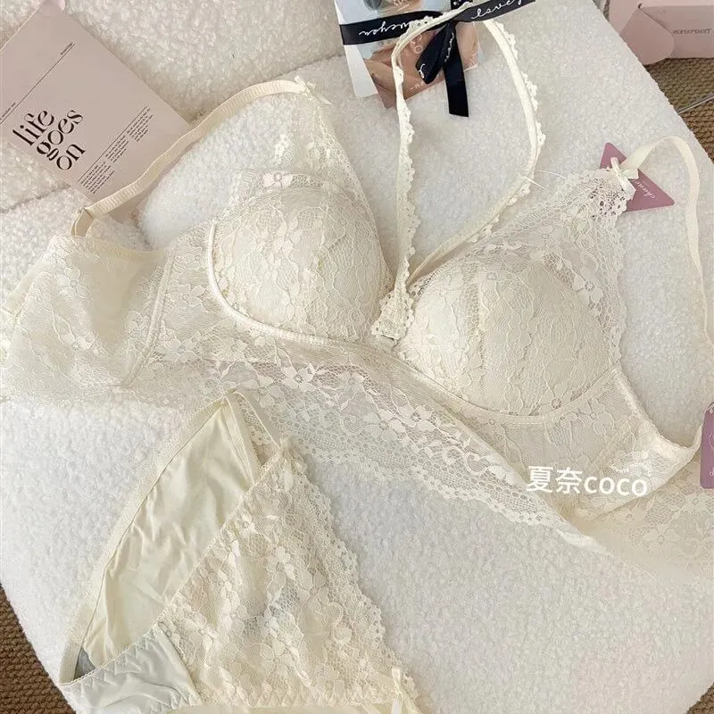 French Lace Wide Strap Thick Top Inner Lace Layer No Underwire Bra Set Petite Women Small Bust Comfort Lingerie Set 32-38 S-XL