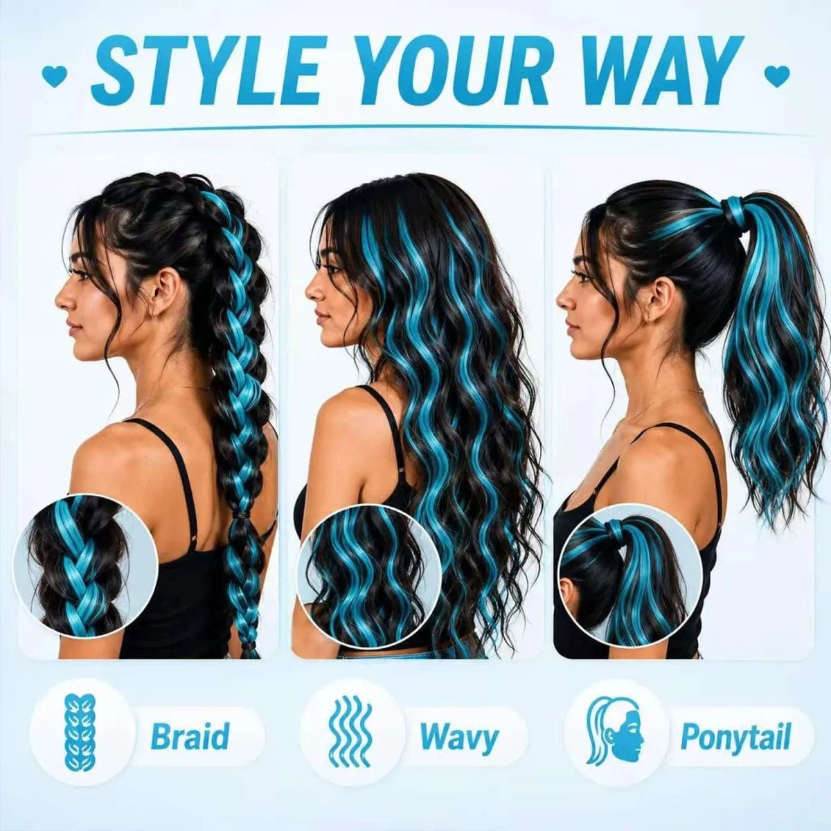 Colored Hair Extensions Clip in Teal Blue 5/10 Pieces Synthetic