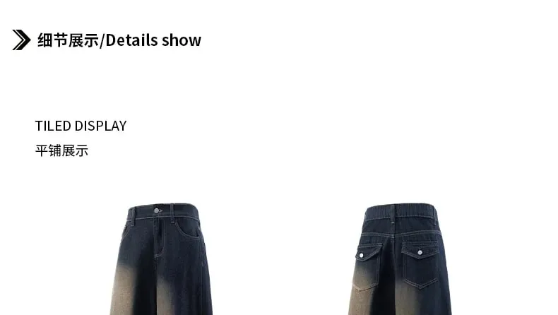 Loose American Retro Blue Jeans High Waist Wide Leg Denim Pants Half Elastic Waistband Casual Vintage Style Jeans