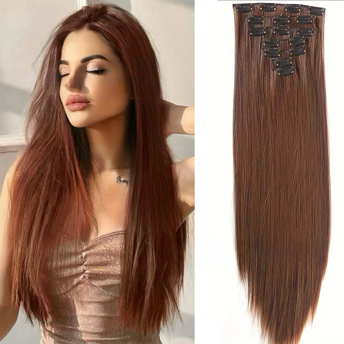 7 Clips In Hair Extensions Long Straight Hairstyle Pink 60CM Natural Synthetic Hair Daily Use Hairpiece For Women — image 19