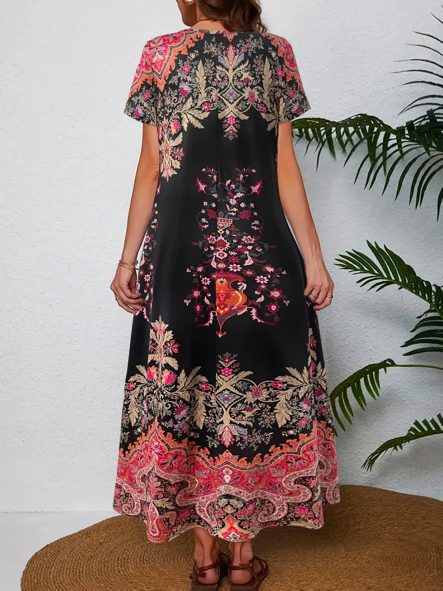Women's Plus Size Vintage Paisley Floral Print Maxi Dress Summer Casual V Neck Short Sleeve Loose Boho Beach Long Sundress