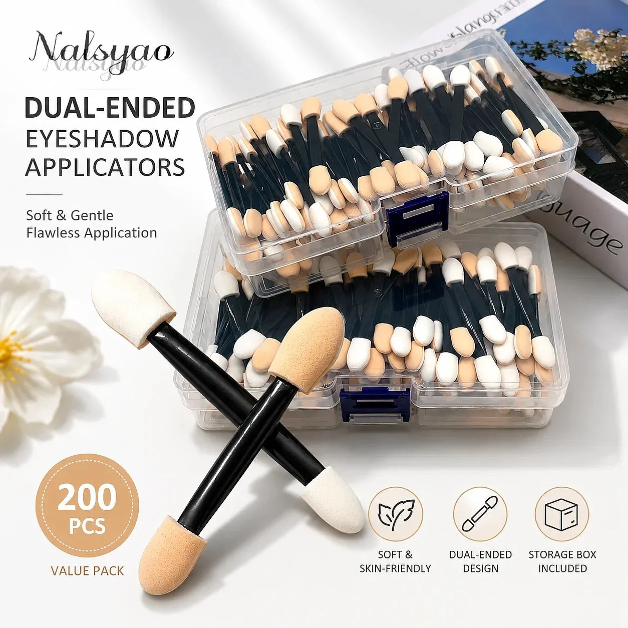 50/100/200PCS Dual-Sided Sponge Eyeshadow Applicators with Container – Long Handle Disposable Makeup Brushes Tool