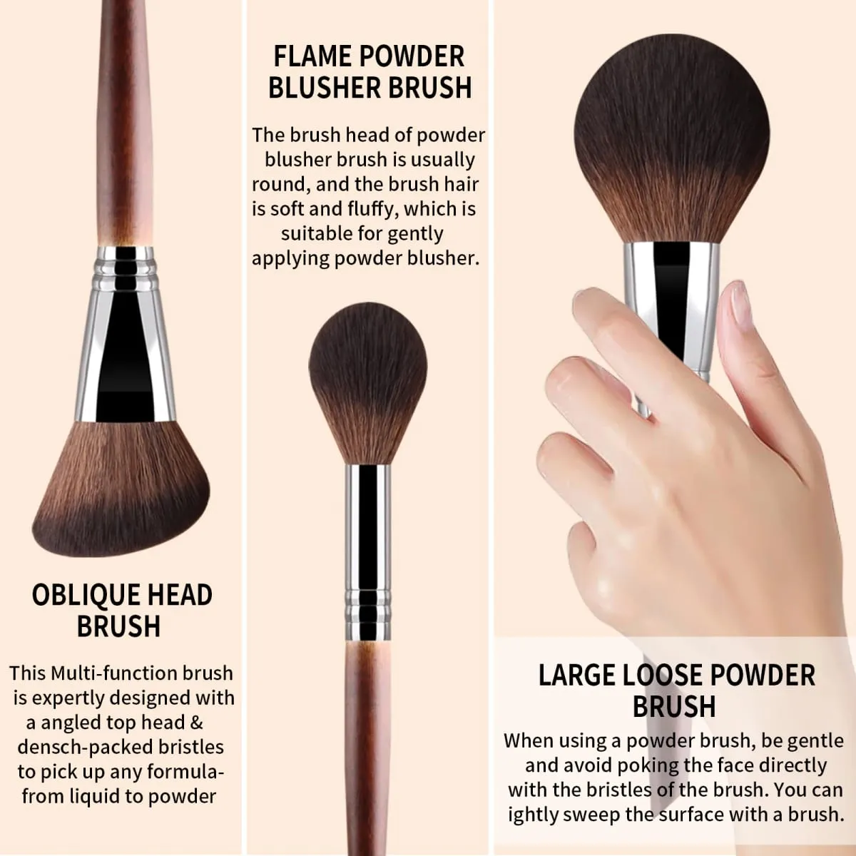 3Pcs Solid Wood Handle Powder Brush Set Round Setting Powder/Angled Contour/Flame Blush Brush Synthetic Fiber