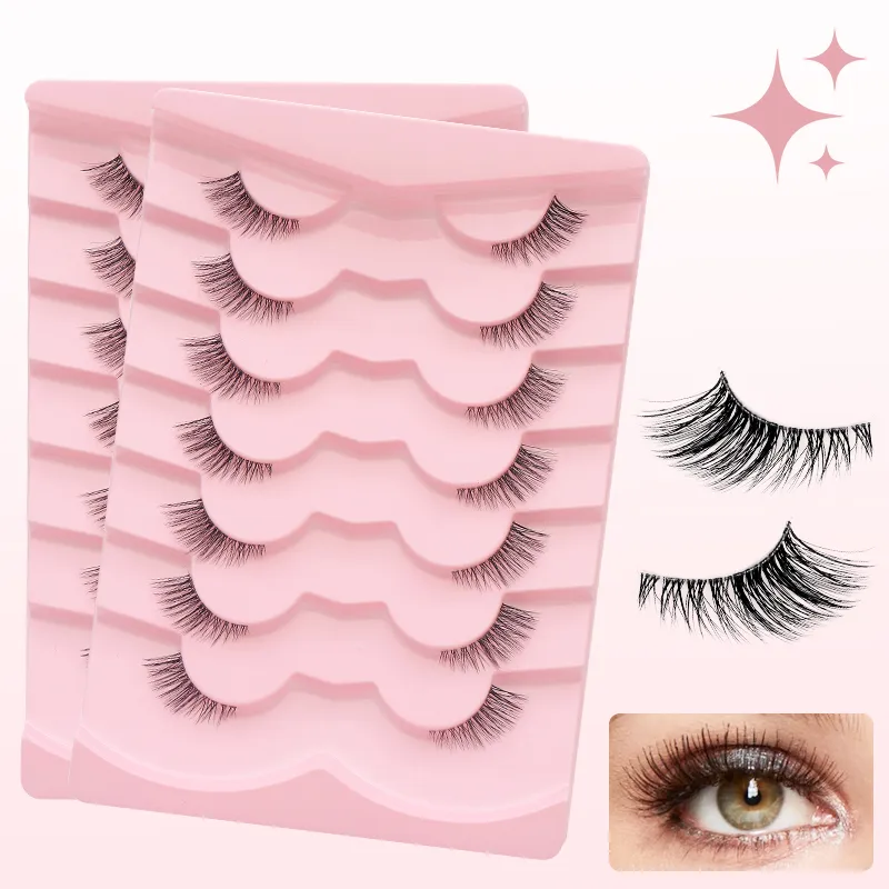 7 Pairs Natural Lashes Wispy Half Clear Band Strip Lashes False Eyelashes Soft Fluffy Lightweight Eye Lashes Makeup