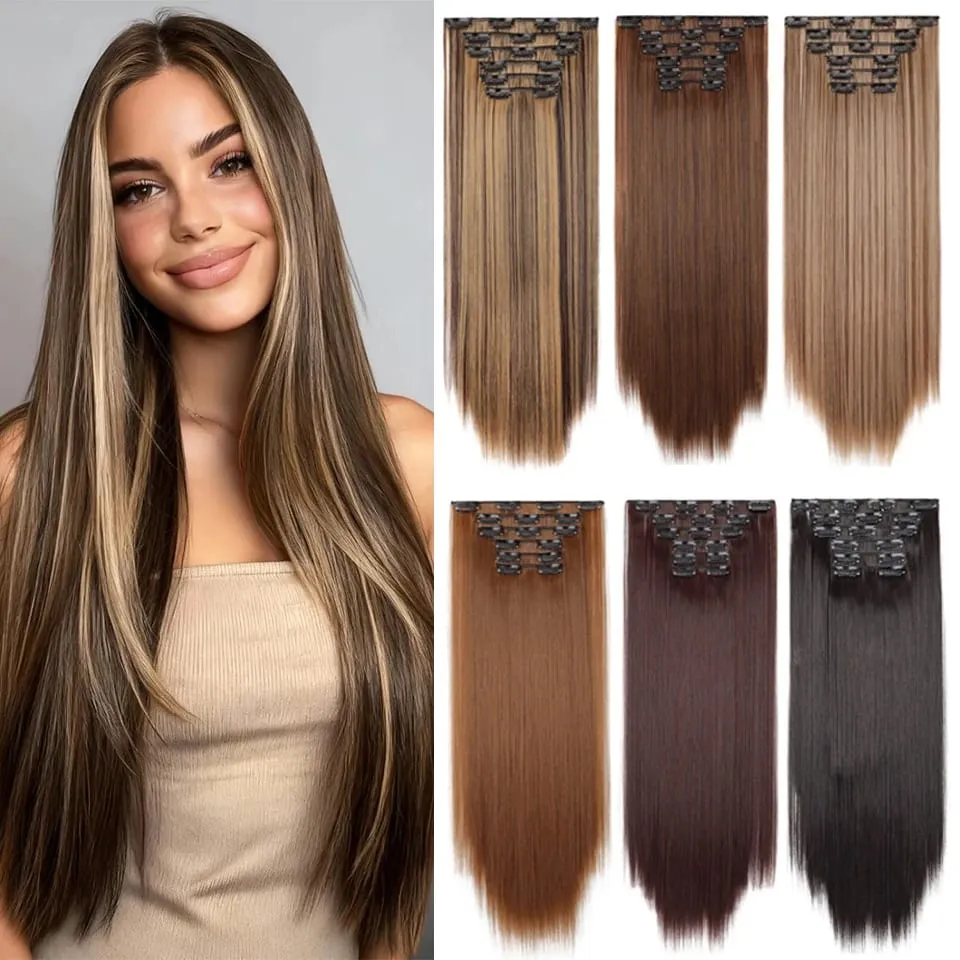 24Inch Clip in Hair Extensions Invisible Synthetic Extension 6PCS Long Straight Heat Resistant Clips on Hairpieces for Women