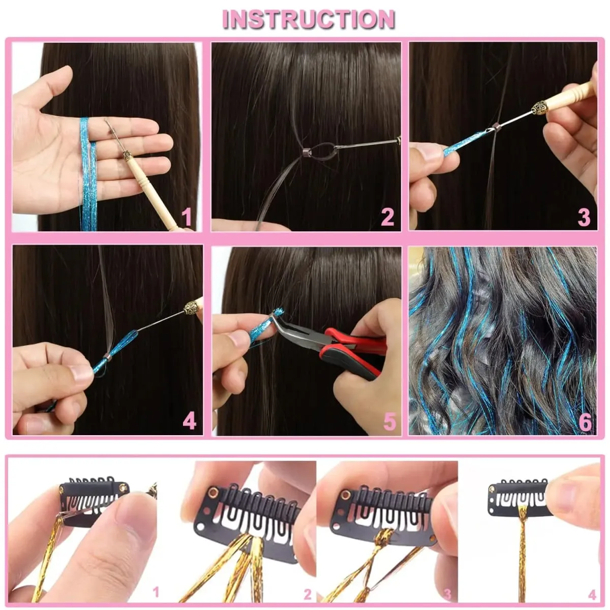 Hair Tinsel Kit 6 Pcs 2000 Strands Silver Tinsel Hair Extensions Fairy Hair Tinsel Heat Resistant Sparkly Shiny Synthetic Hair