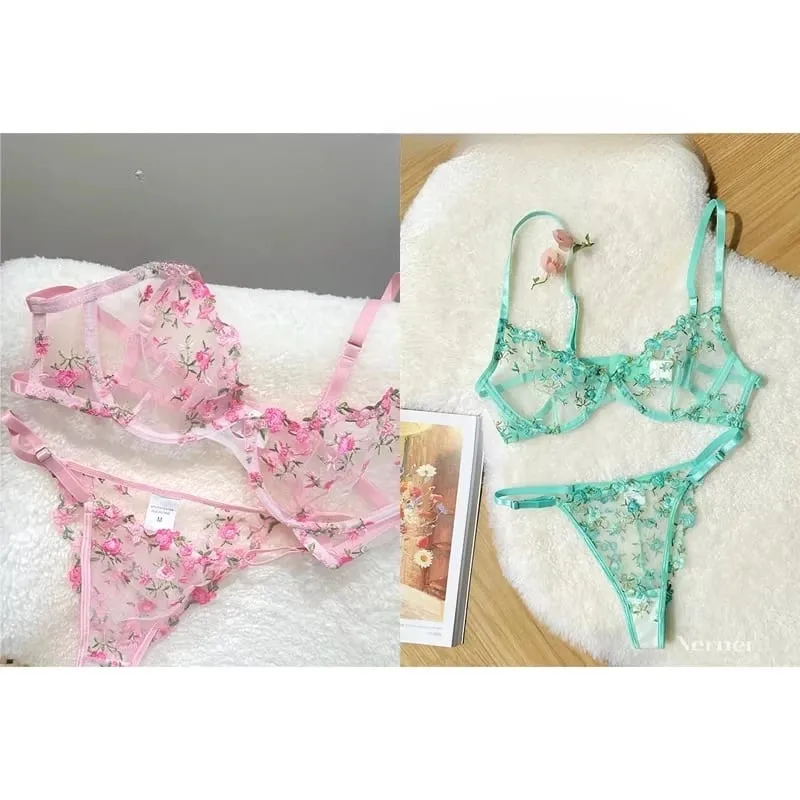 Transparent Floral Lace Embroidery Bra Set Summer Thin Minimizer Underwear Soft Breathable Full Bust Female Home Daily Wear S-XL — image 2