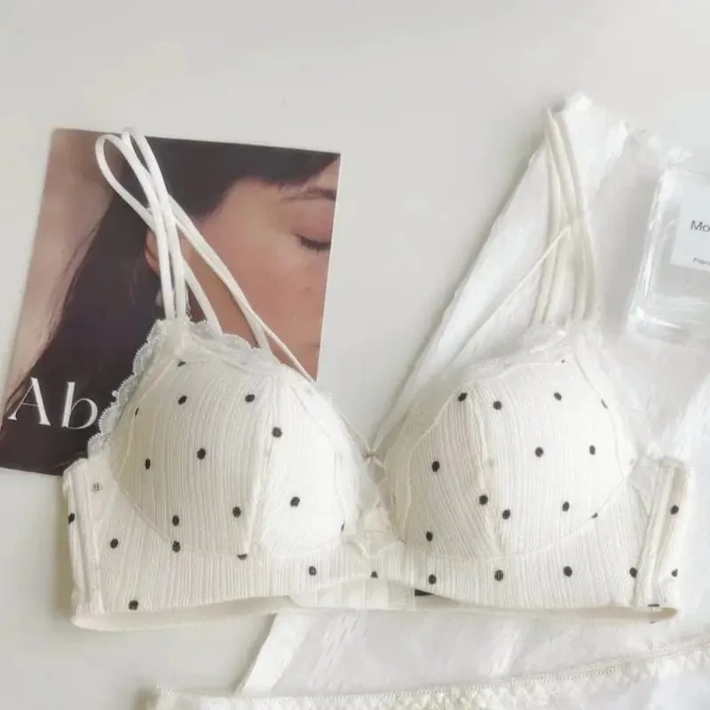 Elegant Japanese Polka Dot Bra & Brief Set Push Up Plunge Small Bust Lift Support Anti Sag Side Coverage Adjustable Comfort