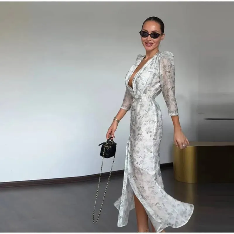 Sexy Printed Flower Long Women's Dress Sleeveless Waist-Closed Slash Neck Lady Dresses Summer Sling Vacation Holiday Robe