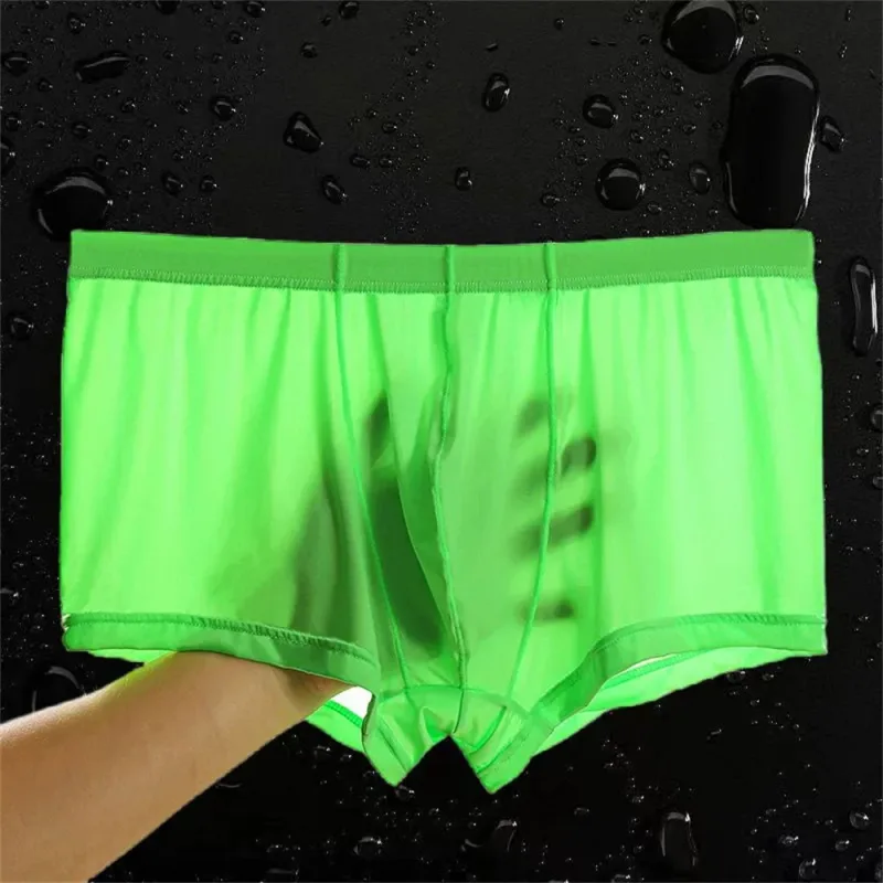 Boxers transparentes homens de seda gelo secagem rápida troncos masculinos verão sem costura roupa interior ultra-fino plus size shorts